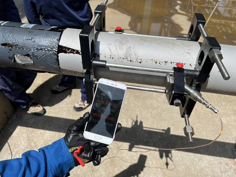Panametrics TransPort PT900 clamp-on transducers installed on a high-pressure ethylene line