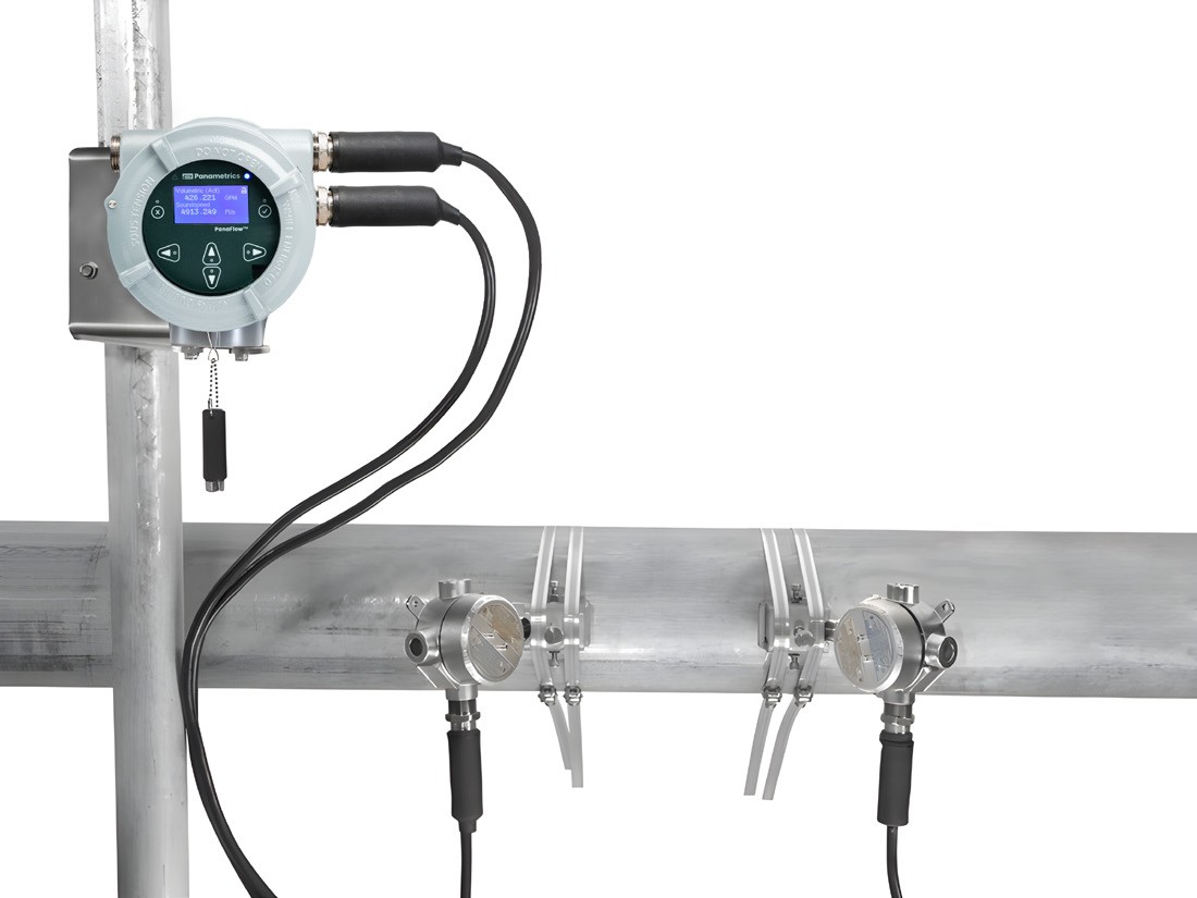 Panametrics PanaFlow LC clamp-on transducers with XMT1000 transmitter installed on a pipe